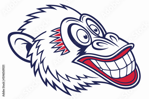 Cartoon monkey smiles widely exposing large teeth framed in blue and red, a white face