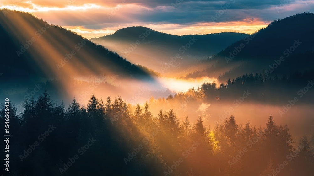 Fototapeta premium Scenic landscape with sun rays piercing through misty forested mountains
