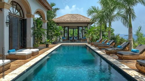 Wallpaper Mural Luxurious poolside patio area with lounge chairs and an elegant villa. Torontodigital.ca