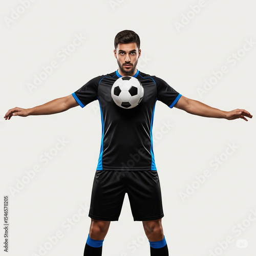 Confident male soccer player controlling a ball on his chest with an intense gaze