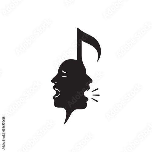 Black and white graphic of two faces forming a musical note on a white background in simple design