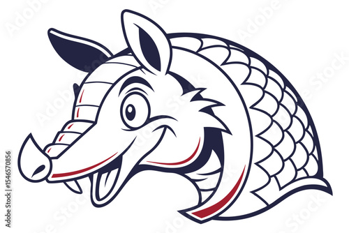 Smiling cartoon armadillo head featuring bold outlines and red accents conveys friendliness on a white background