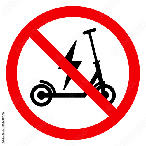 No electric scooter allowed red sign symbol prohibition. Riding on scooters is prohibited. No scooter icon. Warning red round sign