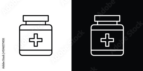 Pill bottle icon in black. flat graphic vector icon