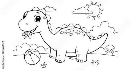 Easy Cute Dinosaur Cartoon Coloring Book Page For Kids