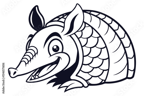 Monochrome cartoon armadillo with a toothy grin is facing towards the viewer's left