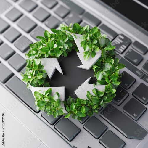Green Tech Recycling Arrows on Laptop Keyboard, eco-friendly, digital sustainability