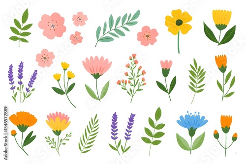 Collection of flat-style floral illustrations: pink, yellow, orange, and purple flowers, leaves