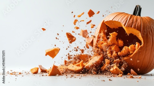 A pumpkin bursts apart, scattering pieces dramatically against a clean backdrop, capturing the essence of fall and the playful side of Halloween festivities.