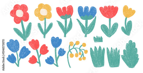 Flowers crayon drawn set. Naive floral doodle isolated on white background. Daisy, poppy, grass, leaves sketch elements. Vector childish style illustration by pencil.