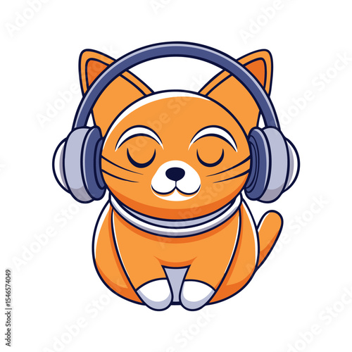 Cute Orange Cat Listening to Music with Headphones Cartoon Vector Illustration.