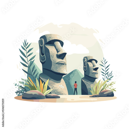 Man standing in front of Easter Island statues surrounded by greenery  