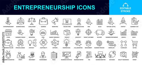 startup or entrepreneurship icon set including investment, strategy, profit, capital, sales, management, analyzing, marketing, business plan, personal brand, innovation, adaptability, network etc