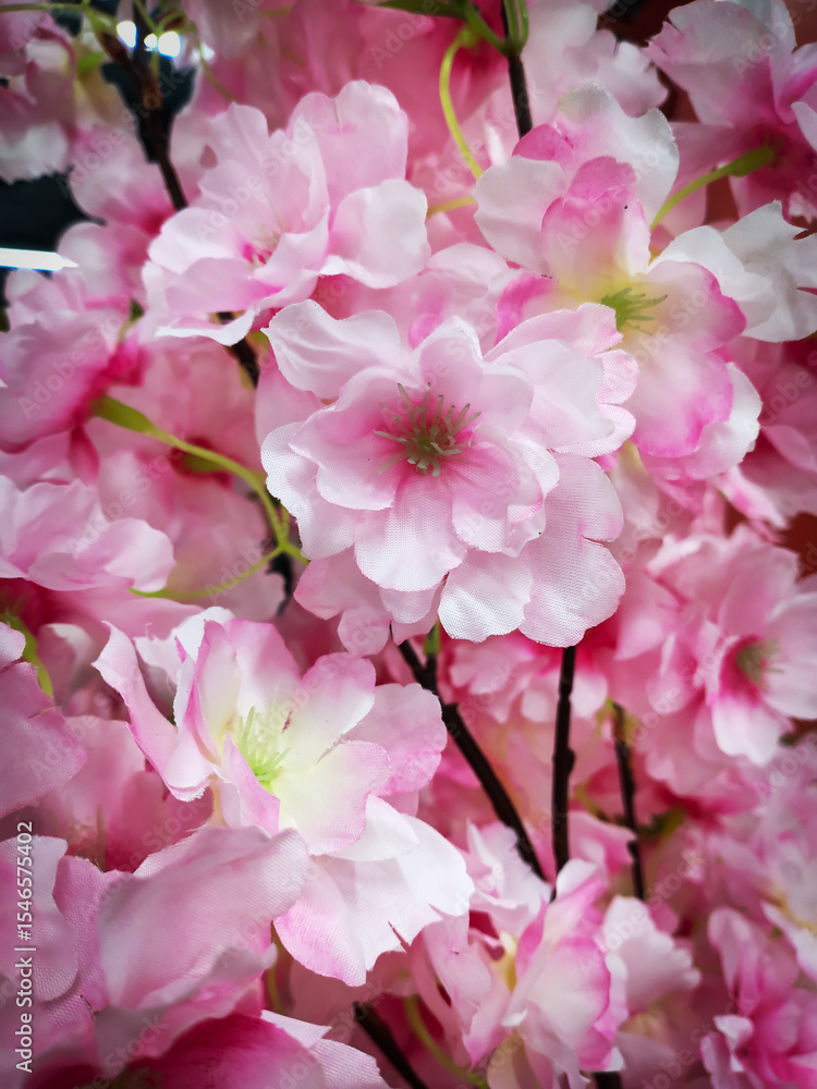 Fototapeta premium A soft focus shot of a number of artificial pink cherry blossoms, creating a lush and beautiful floral backdrop commonly used for room decoration. Perfect for backgrounds, decorative themes.