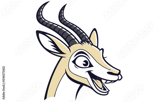 A cartoonish lighttan gazelle head with curved horns shows a quirky, exaggerated expression clearly on display