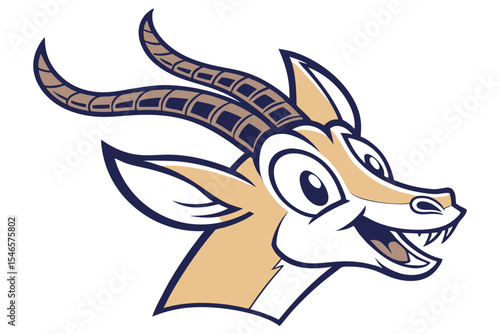 Cartoon springbok gazelle head boasts long spiraled horns and an open mouth with fangs