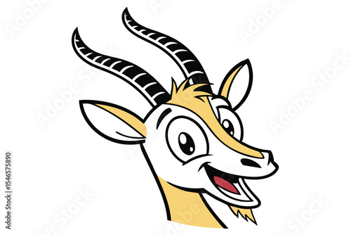Cartoon gazelle head showcases its large eyes, striped horns, and tan color