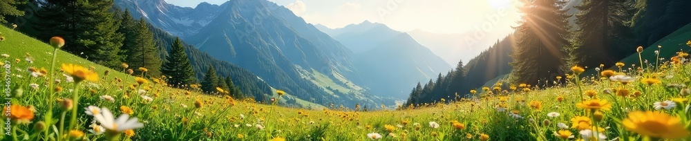 Fototapeta premium Serene meadow nestled high in the mountains, wildflowers in bloom, sunlight dappling through trees Perfect for nature, travel, and landscape projects , mountain meadow, peaceful