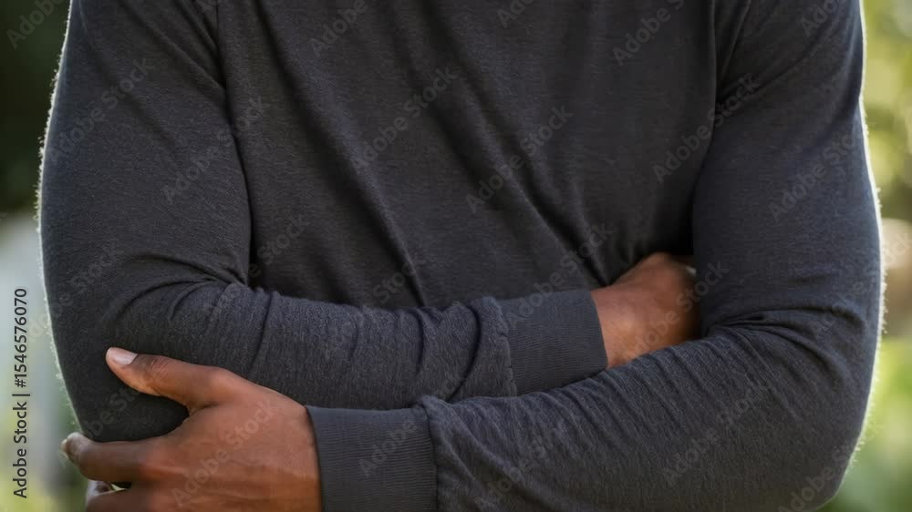 A Black man wearing a grey t-shirt smiles warmly while enjoying a sunny day outdoors in a park surrounded by trees A Black man wearing a grey t-shirt smiles warmly while enjoying a sunny day outdoors in a park surrounded by trees
