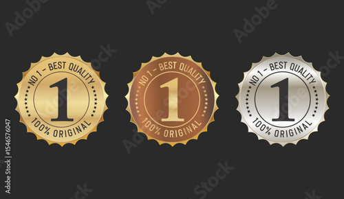 Number 1 Best Quality label in gold bronze and silver stock illustration