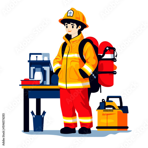 Young firefighter standing beside equipment in a training facility  