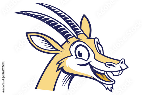 Cartoonish antelope with striking horns smiles widely, evoking cheerfulness in a friendly character