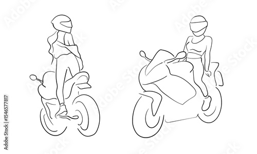 Girl set on a motorcycle with a helmet, continuous line art drawing isolated on white background. Biker chick outline. Vector illustration	