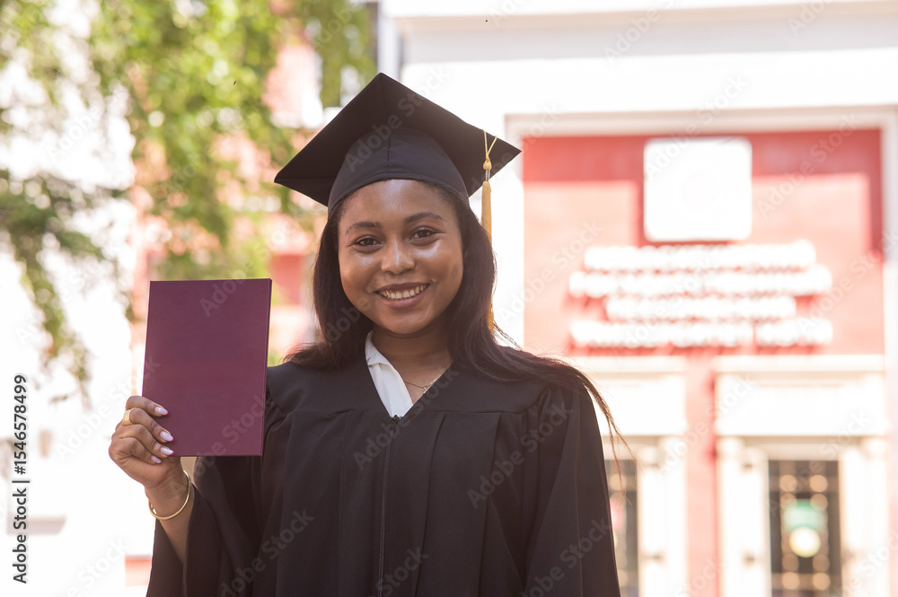 Happy young african woman in graduation gown holding diploma. Happy young african woman in graduation gown holding diploma.