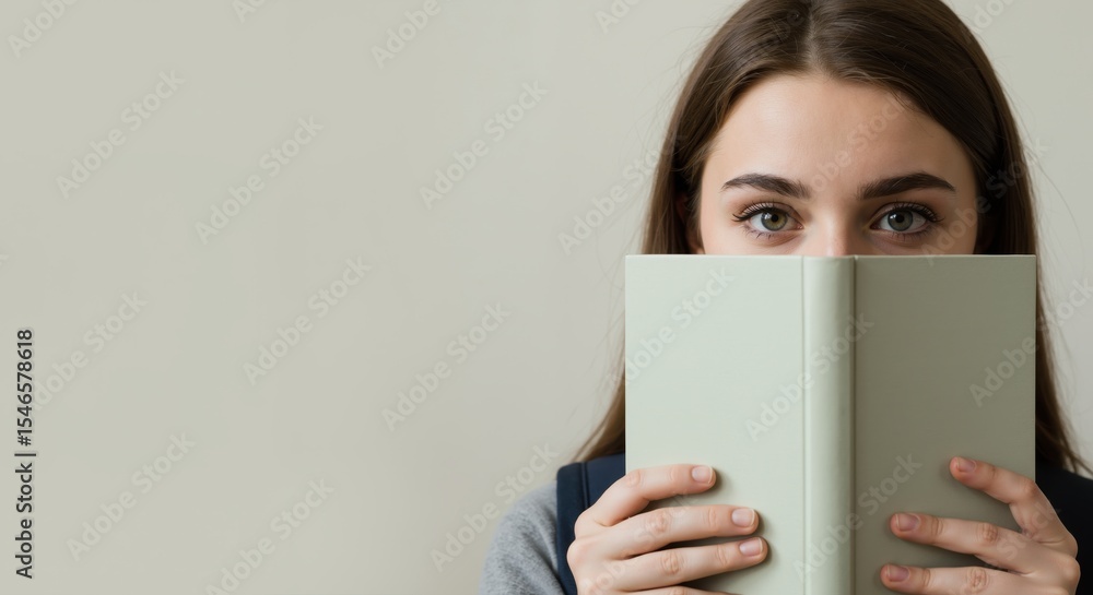 Young woman reading book while covering her face indoors Young woman reading book while covering her face indoors