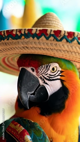 Colorful Parrot portrait wearing a Sombrero and poncho, perched with vibrant plumage and festive attire, close-up view and vibrant background