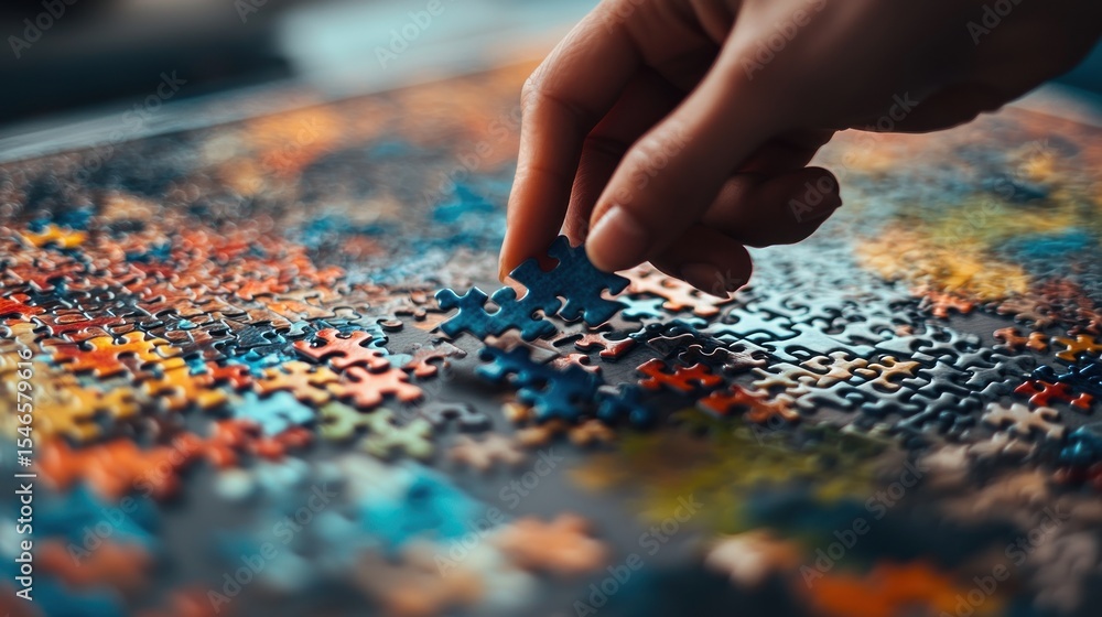 Hand placing jigsaw puzzle piece Hand placing jigsaw puzzle piece