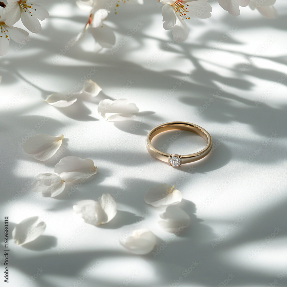 A single elegant ring placed on a clean white background, soft cherry blossom petals gently scattered around, natural window light from the side creating soft shadows. A single elegant ring placed on a clean white background, soft cherry blossom petals gently scattered around, natural window light from the side creating soft shadows.