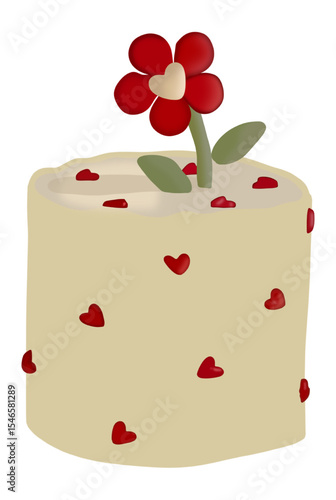 a charming cylindrical cake, light yellow in color, adorned with numerous scattered red heart shapes.