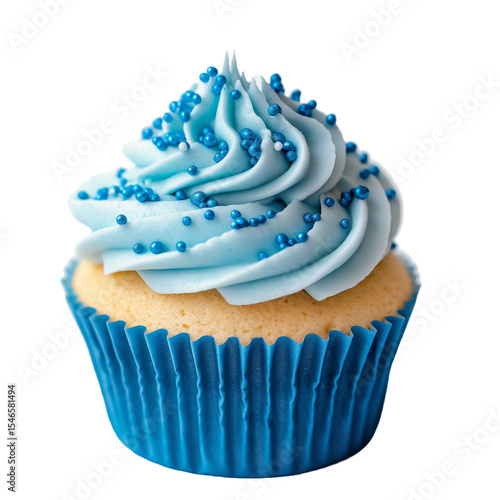 Blue cupcake with blue sprinkles isolated on white background, png