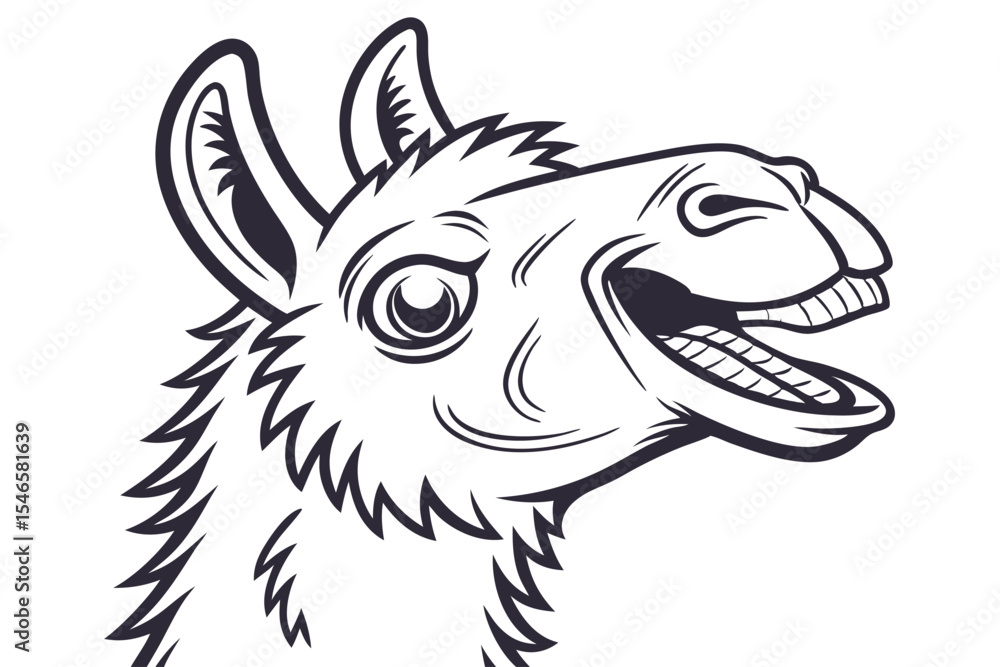 Obraz premium Line art llama head laughing hysterically with its mouth wide open showing teeth