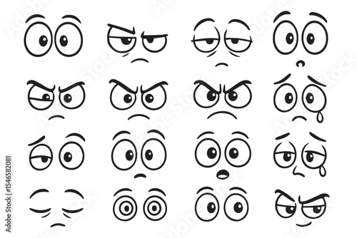Cartoon eyes collection featuring various facial expressions, ideal for emotional or expressive design projects, vector style illustrations of human eye emotions