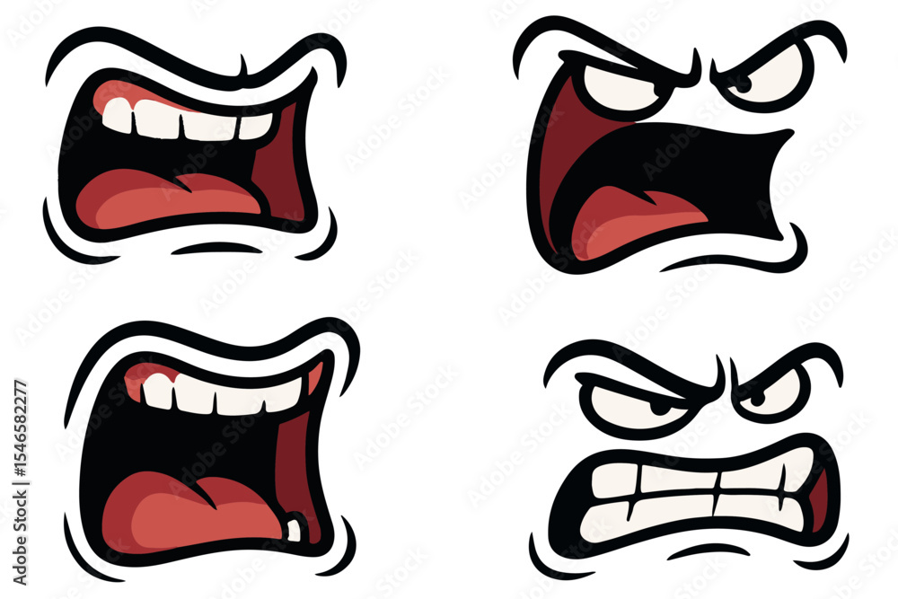 Fototapeta premium Set of cartoon angry mouths showing various expressions of frustration, shouting, and rage, perfect for animation and design projects focused on intense emotions