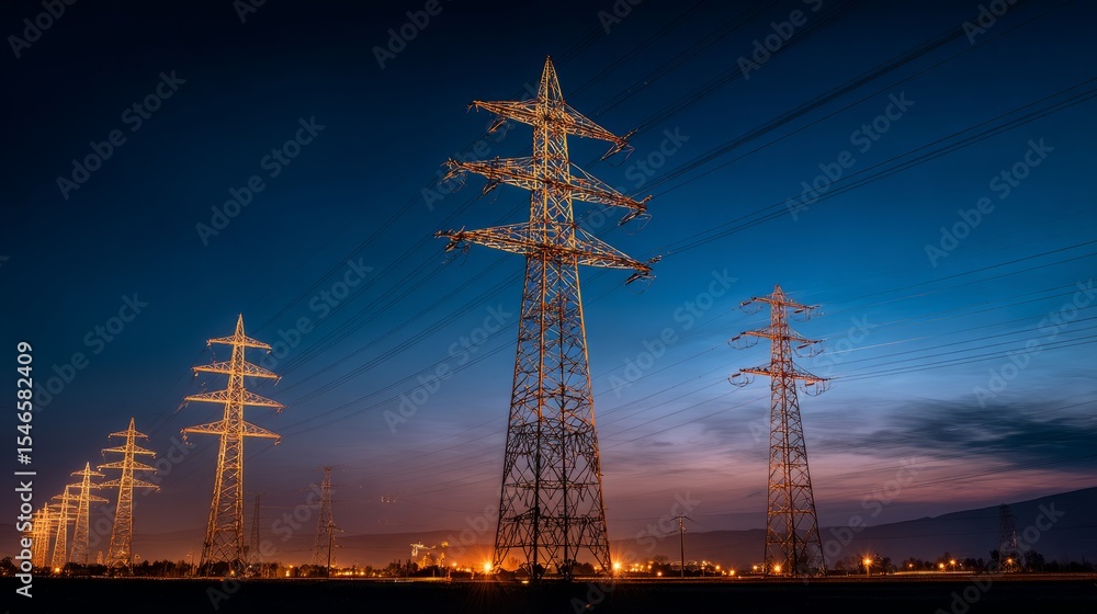 Fototapeta premium Glowing power lines against a deep blue sky, abstract energy infrastructure with dramatic contrast lighting, symbolizing modern urban vitality. 