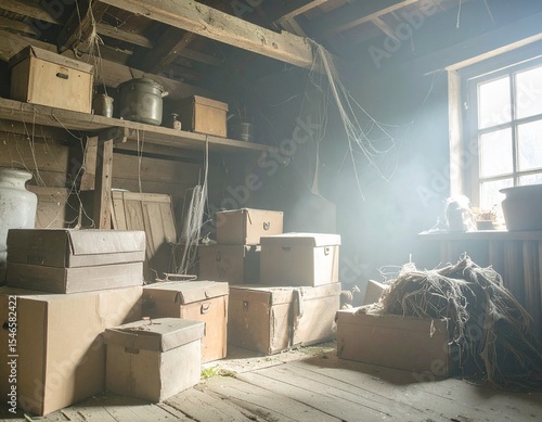 Dusty attic filled with forgotten boxes, cobwebs in corners