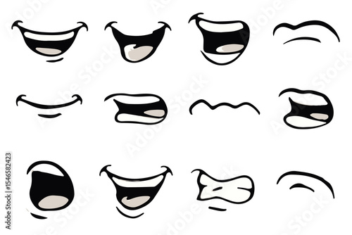 Set of cartoon mouth illustrations in different styles, featuring open, closed, and curved expressions, perfect for enhancing animations and visual storytelling