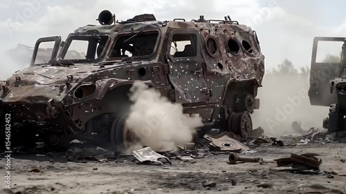 Damaged military vehicles in post conflict setting showing destruction and disrepair