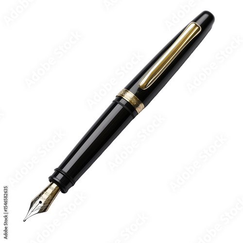 Elegant black fountain pen isolated on white background, png