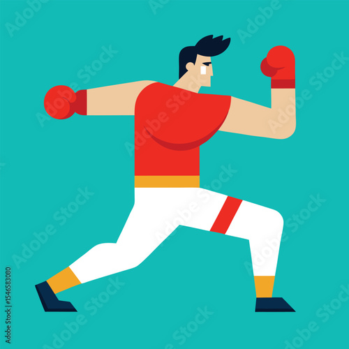 bBoxing Fighter Throwing Powerful Punch – Flat Vector Design boxer with boxing gloves
