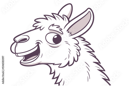 Friendly cartoon llama smiling with its head turned to the side displays a happy attitude