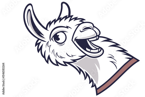 Hilarious cartoon llama head laughing heartily shows its teeth and goofy smile visibly here