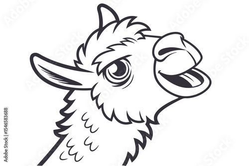A black line cartoon llama looking up is smiling with its mouth open