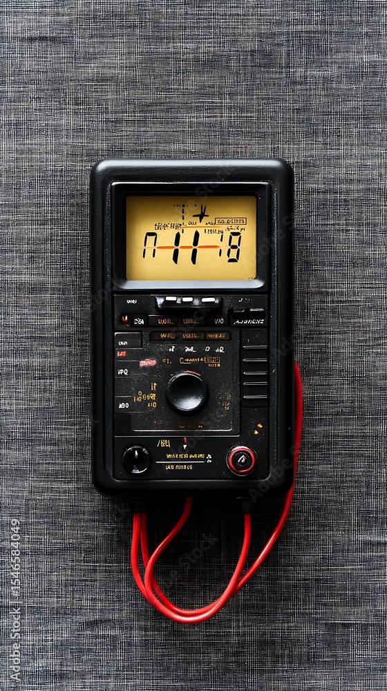 Fototapeta premium Old Black Multimeter Device Showing Number Display on a Checkered Texture Background