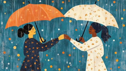 Two women under umbrellas in the rain, connection