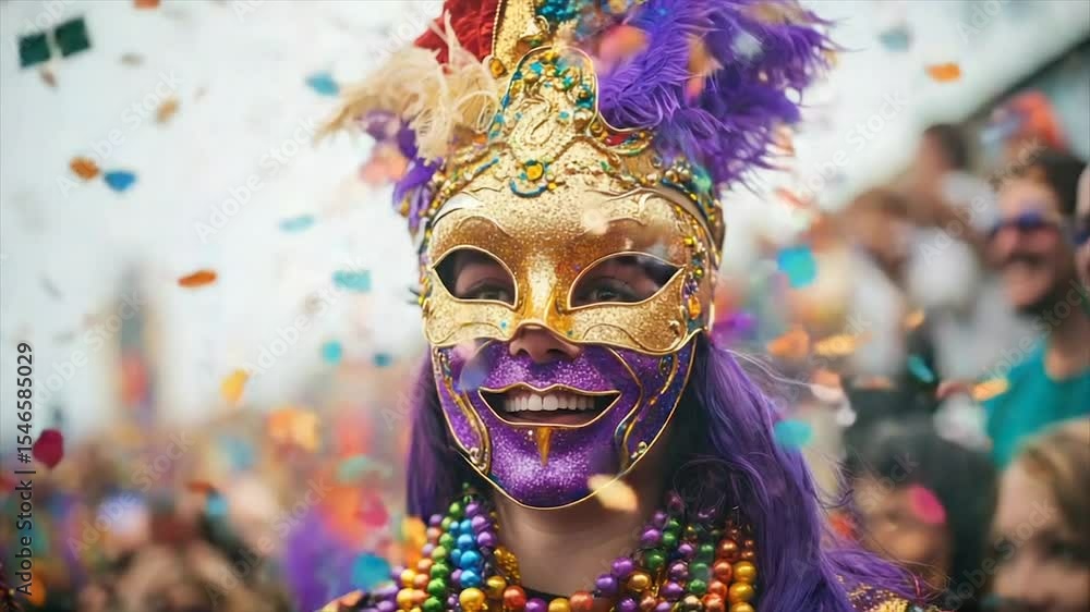 A smiling woman in an ornate mask, adorned with beads, amidst a flurry of confetti at a vibrant celebration A smiling woman in an ornate mask, adorned with beads, amidst a flurry of confetti at a vibrant celebration