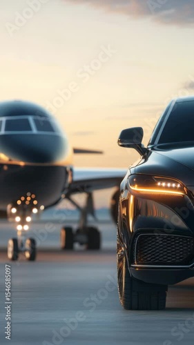 Luxury car parked near a private jet at sunset.
